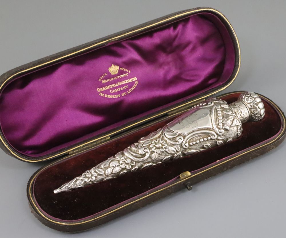 A Late Victorian silver mounted perfume bottle, in Goldsmith & Silversmith box, by Horton and Allday, Birmingham 1890